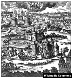 Взяття фортеці Кизикермен московським військом і українськими козаками в 1695 році. Алегорична гравюра. На передньому плані на колісниці Петро І, за ним (ліворуч) верхи на коні з булавою гетьман Іван Мазепа