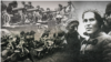 Нестор Махно зі своїми соратниками на тлі кулеметів, тачанок і вояків 1920-х років (колаж) 