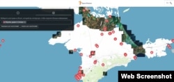 Скріншот інтерактивної мапи Кримського півострова, створеної Крим.Реалії, із зазначеними місцями ударів, вибухів та пожеж, ймовірно, внаслідок атак ЗС України