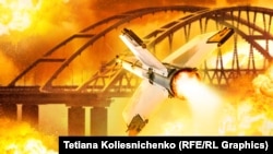 Керченський (Кримський міст) у вогні та ракета, що летить. Ілюстративний колаж