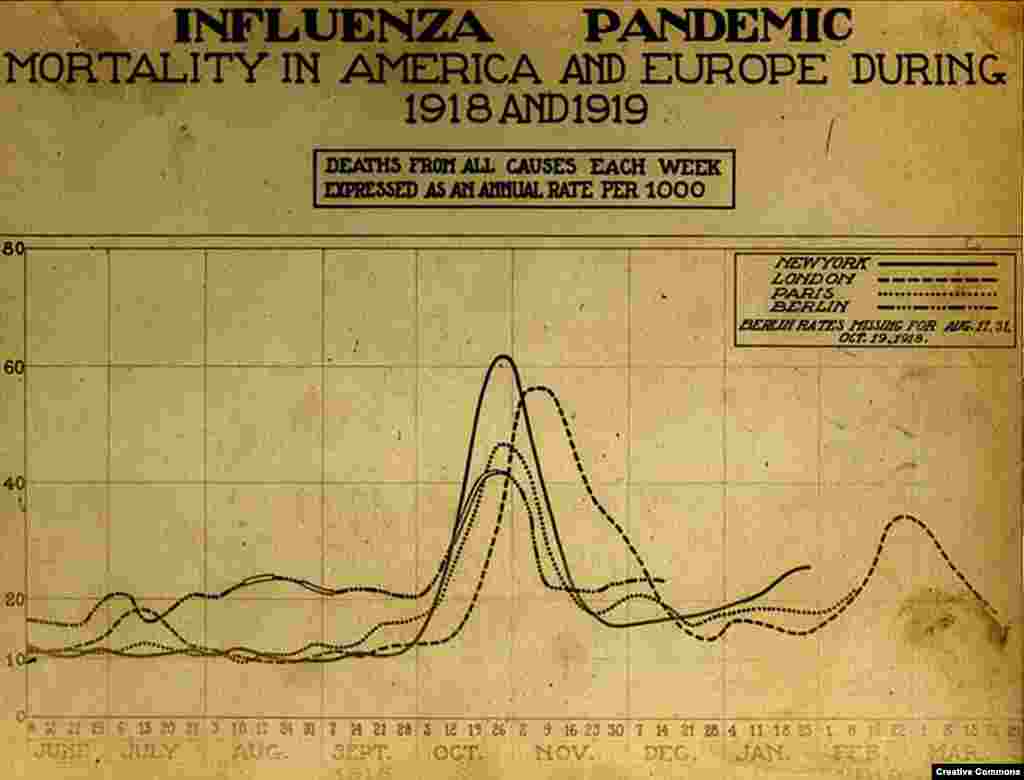 Графік показує драматичний зріст смертей восени 1918 року, коли світ охопила &laquo;друга хвиля&raquo; вірусу. Грип був особливо смертельним для людей у розквіті сил, віком приблизно 28 років